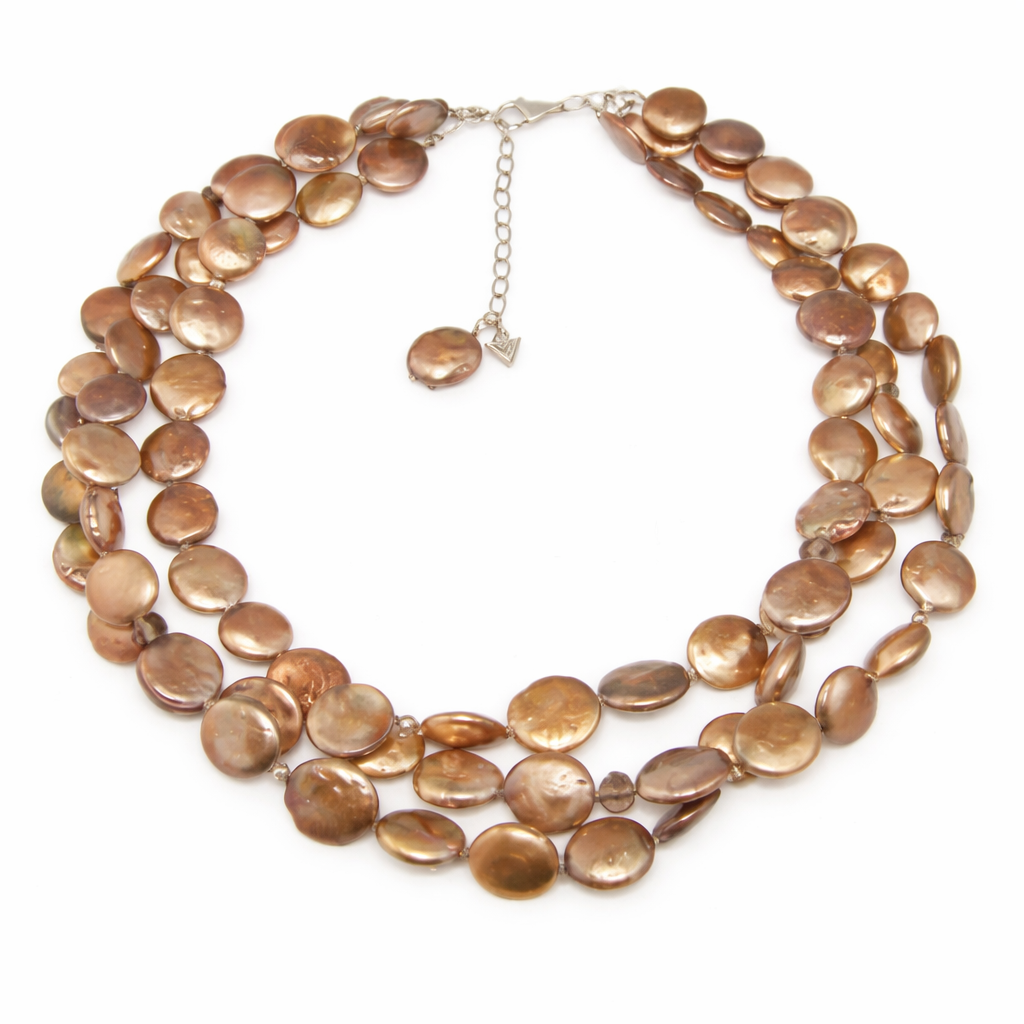 Pre-Owned Silpada Bronze Coin Pearl 3-Strand Necklace - Retired Design