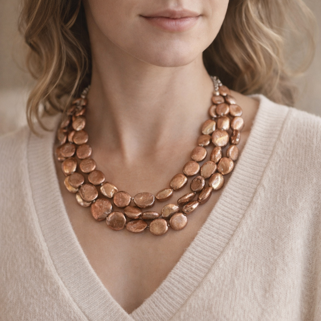 Pre-Owned Silpada Bronze Coin Pearl 3-Strand Necklace - Retired Design