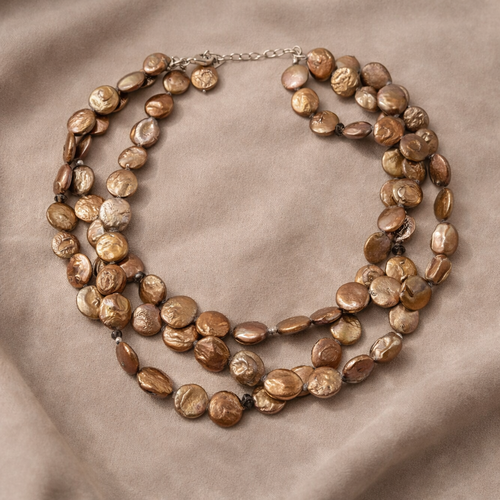 Pre-Owned Silpada Bronze Coin Pearl 3-Strand Necklace - Retired Design