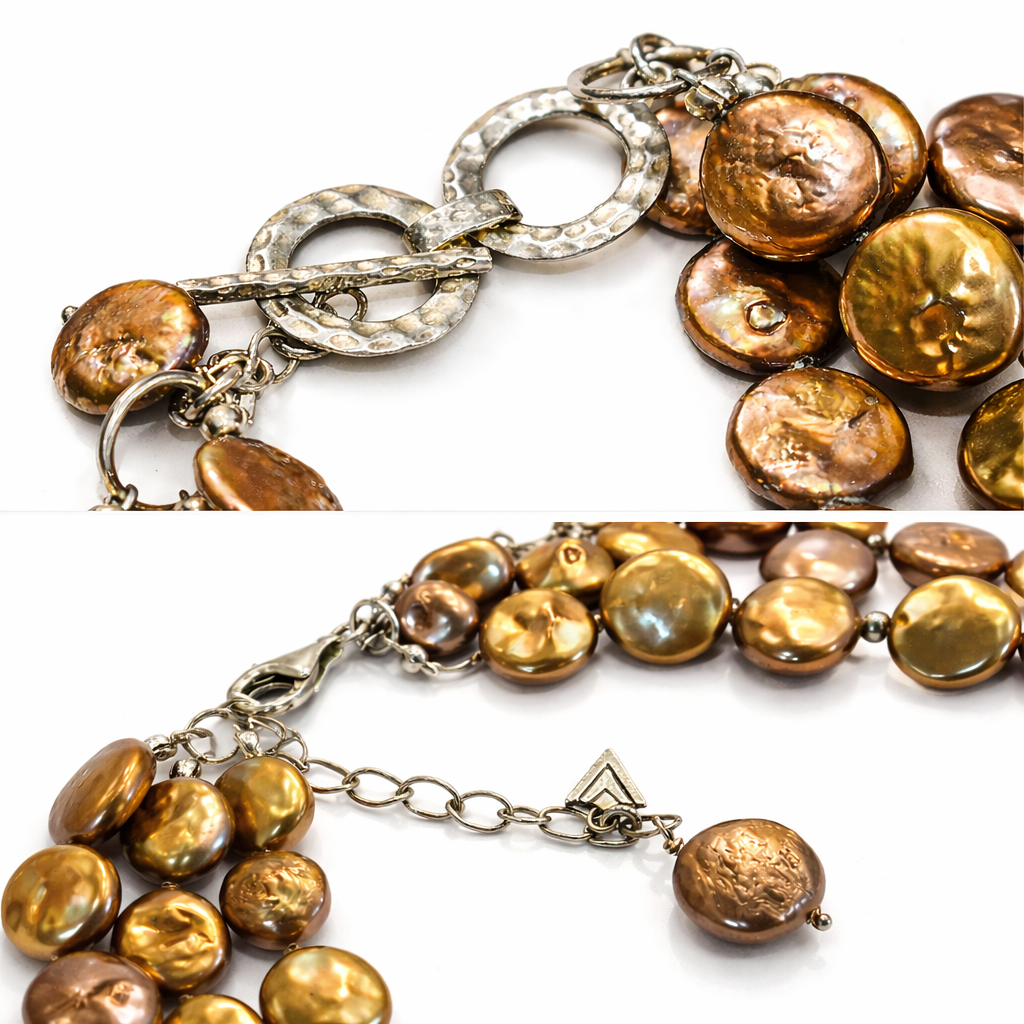 Pre-Owned Silpada Bronze Coin Pearl 3-Strand Necklace - Retired Design