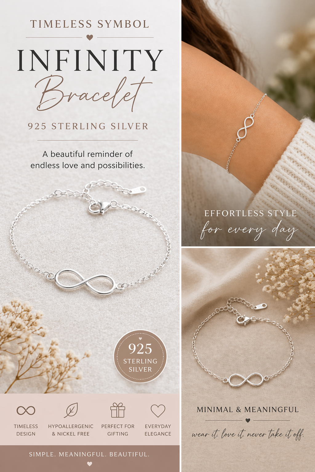 925 Sterling Silver Infinity Chain Bracelet – Minimalist Symbol Bracelet