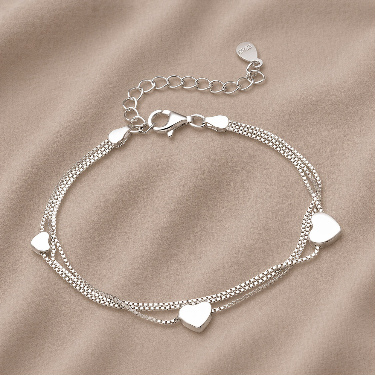 925 Sterling Silver Sweet Heart Drape Charm Adjustable Bracelet – Double Chain Drape | 6.5–8”