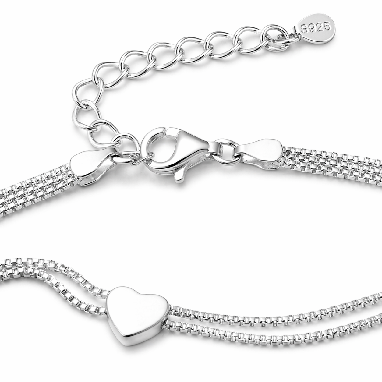 925 Sterling Silver Sweet Heart Drape Charm Adjustable Bracelet – Double Chain Drape | 6.5–8”