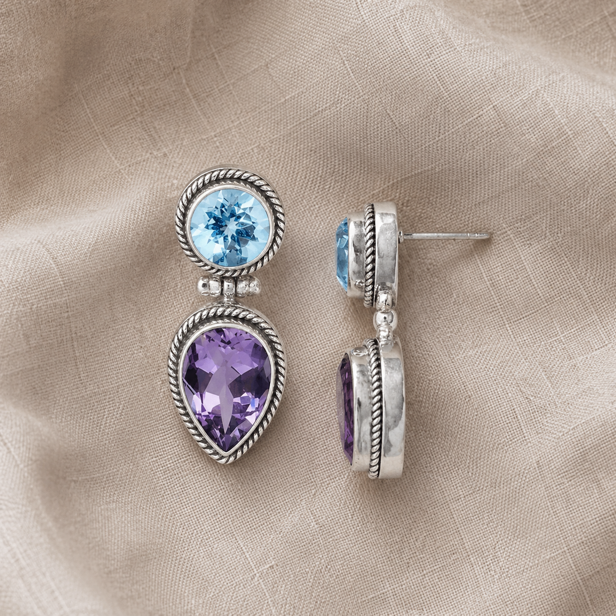 Simply Savvy Bali Artisan Sterling Silver Amethyst & Blue Topaz Dual-Stone Drop Earrings – 925 Luxury Jewelry