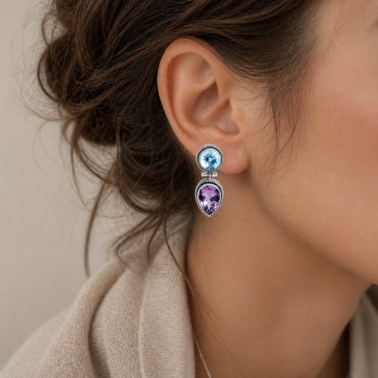 Simply Savvy Bali Artisan Sterling Silver Amethyst & Blue Topaz Dual-Stone Drop Earrings – 925 Luxury Jewelry
