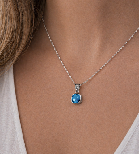 Bali Artisan Sterling Silver London Blue Topaz Pendant – Handcrafted 925 Silver Luxury Cushion Gemstone Pendant