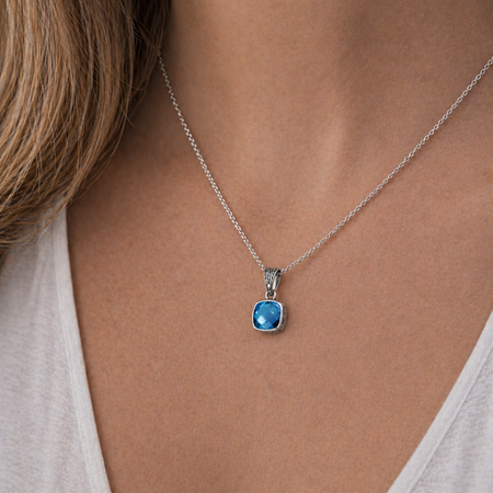 Bali Artisan Sterling Silver London Blue Topaz Pendant – Handcrafted 925 Silver Luxury Cushion Gemstone Pendant