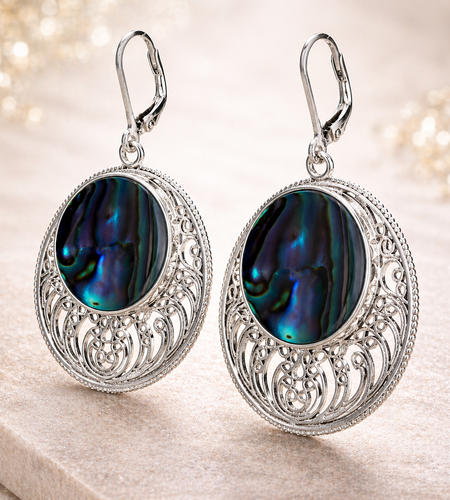 “Ocean Halo Abalone” Openwork Disc Drop Earrings – Rhodium Over Sterling Silver