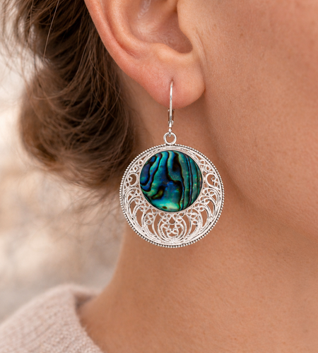 “Ocean Halo Abalone” Openwork Disc Drop Earrings – Rhodium Over Sterling Silver