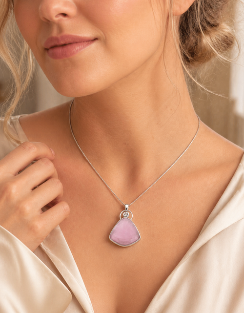 Load image into Gallery viewer, Blush Aura Rose Quartz Pendant Necklace in Rhodium-Plated Sterling Silver
