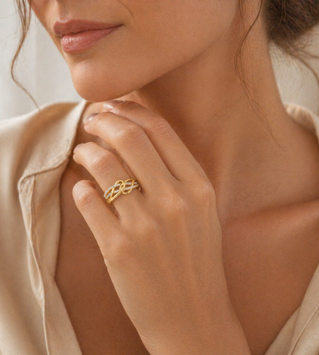 Golden Infinity Diamond Ring -10K Yellow Gold Diamond Infinity Knot Ring