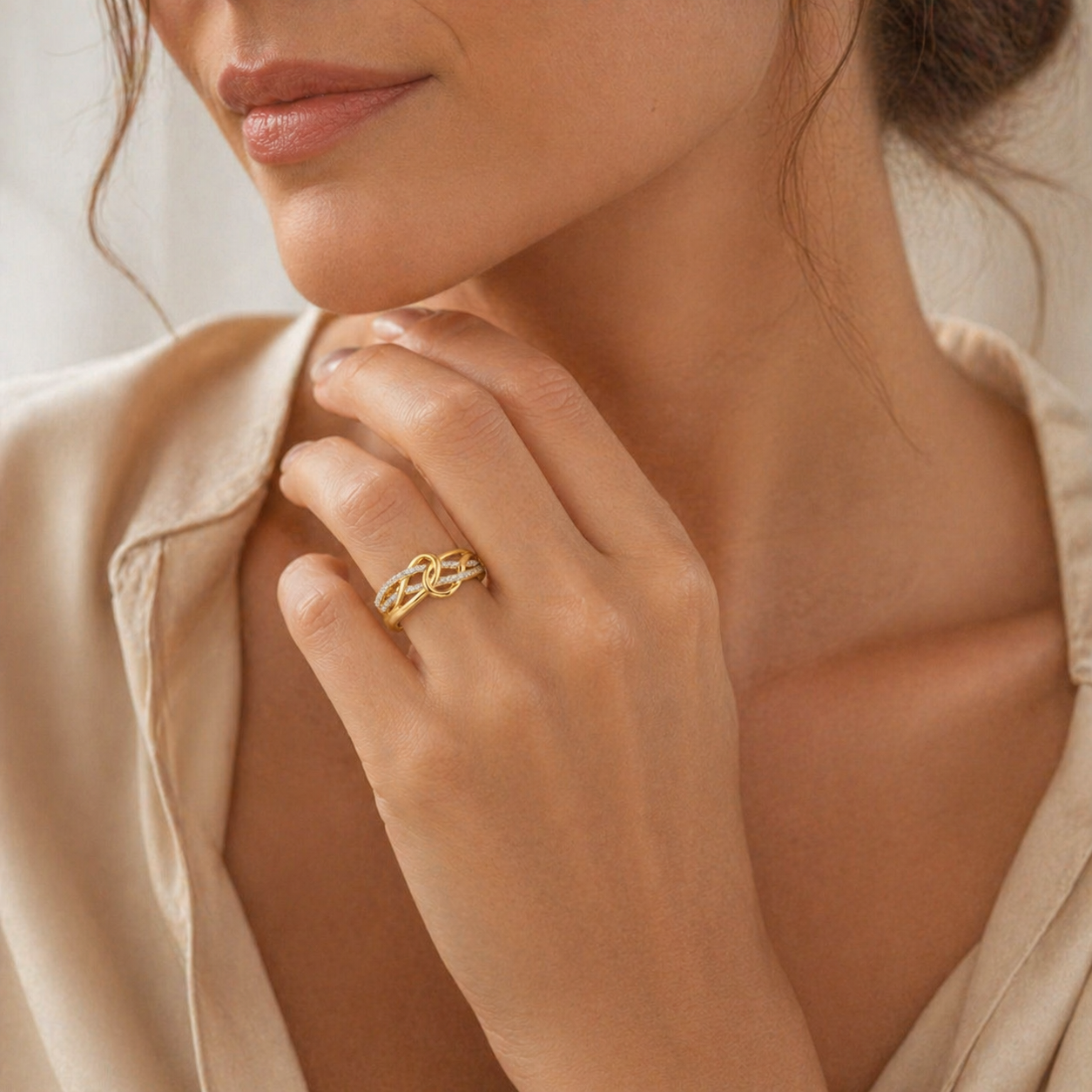 Golden Infinity Diamond Ring -10K Yellow Gold Diamond Infinity Knot Ring