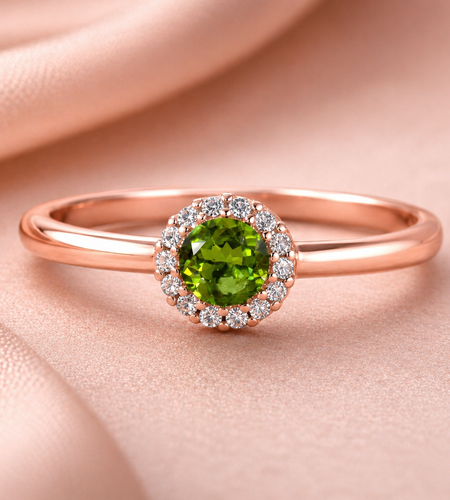 Emerald Glow Peridot Halo Ring-Certified 0.52 CTW Natural Peridot & Diamond Halo Ring
