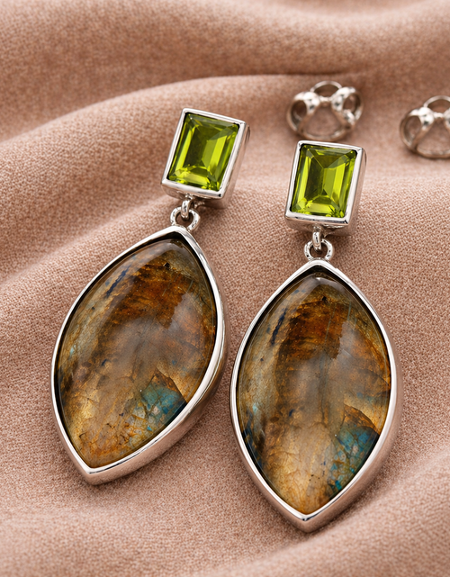 Load image into Gallery viewer, Mystic Glow Labradorite Drop Earrings-Sterling Silver Labradorite &amp; Peridot Drop Earrings
