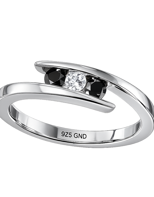 Load image into Gallery viewer, Midnight Contrast Diamond Ring-Sterling Silver Black &amp; White Diamond Three-Stone Ring – 1/4 CTW
