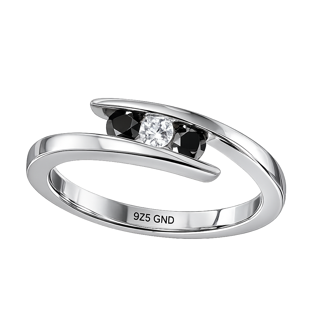 Midnight Contrast Diamond Ring-Sterling Silver Black & White Diamond Three-Stone Ring – 1/4 CTW