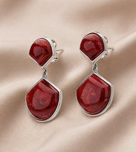 Crimson Fan Coral Drop Earrings – Rhodium Over Sterling Silver