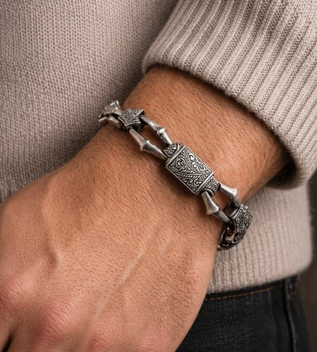 Heritage Forge Silver Bracelet-Heavy 926 Sterling Silver Engraved Link Bracelet – Ornate Artisan Box Clasp (8.66")