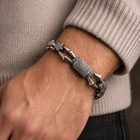 Heritage Forge Silver Bracelet-Heavy 926 Sterling Silver Engraved Link Bracelet – Ornate Artisan Box Clasp (8.66")