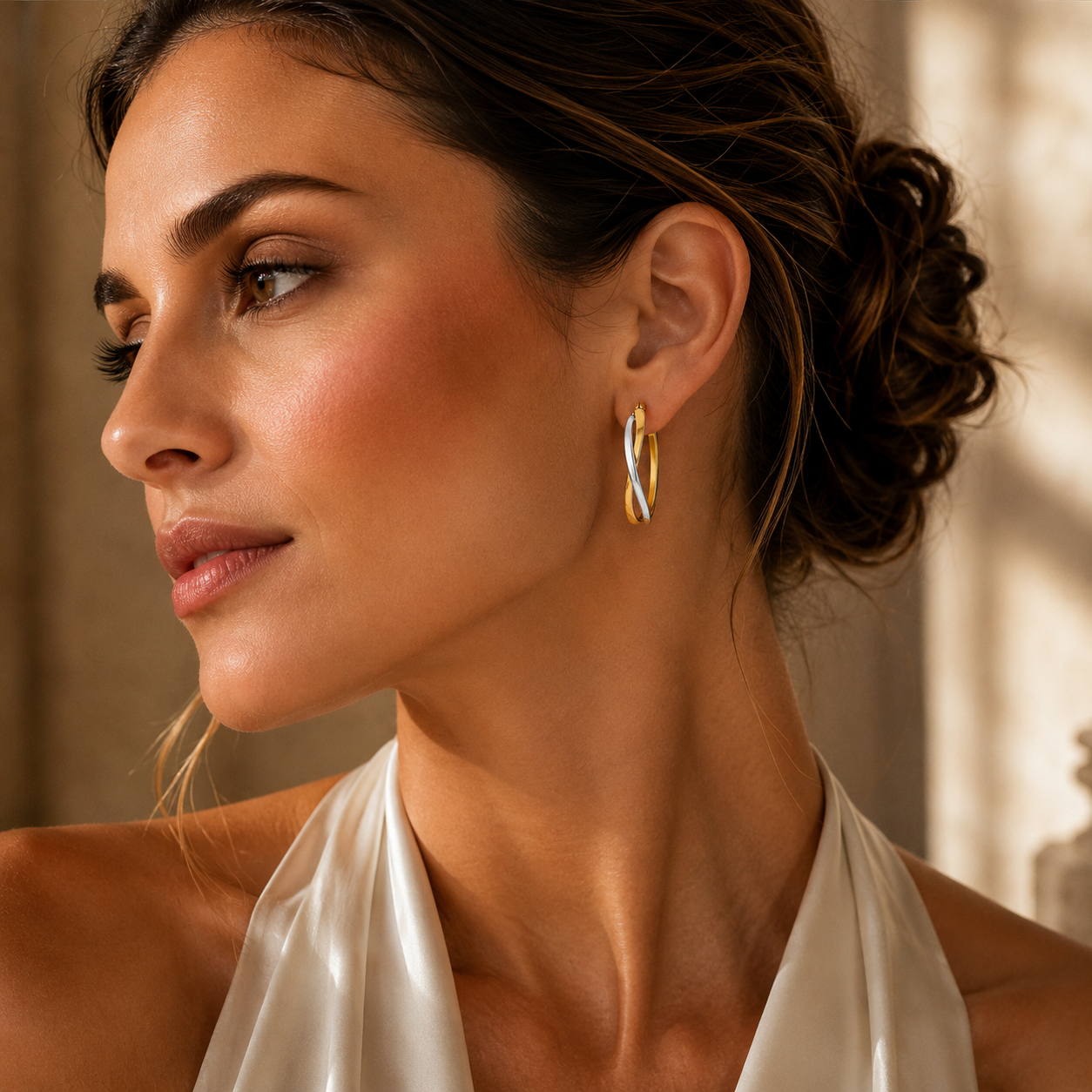 14k Two-Tone Gold Twisted Style Polished Hoop Earrings