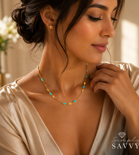 14K Yellow Gold Hexagon Turquoise Inlay Links Necklace