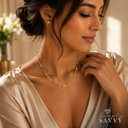 14K Yellow Gold Hexagon Turquoise Inlay Links Necklace