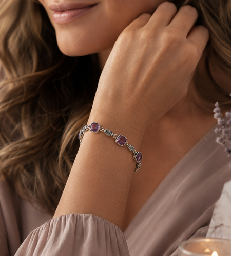 Bali Artisan Sterling Silver Amethyst Bracelet – Handcrafted 925 Silver Luxury Gemstone Link Bracelet
