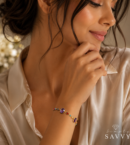 14k Yellow Gold Bracelet with Multi-Colored Stones (1.00 mm)