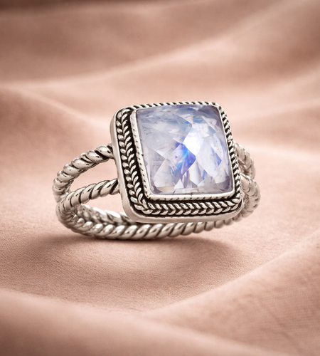 Simply Savvy Bali Artisan Sterling Silver Rainbow Moonstone Ring – Handcrafted 925 Silver – Luxury Moonstone Statement Ring