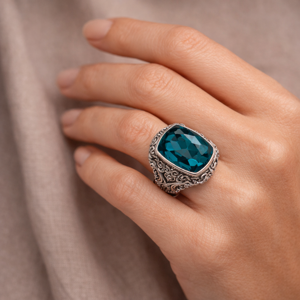 Simply Savvy Bali Artisan Sterling Silver London Blue Topaz Ring – Handcrafted 925 Silver Luxury Statement Ring