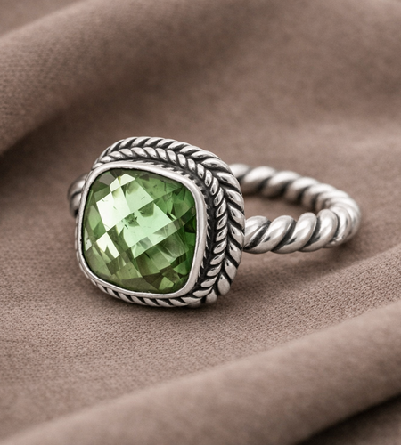 Simply Savvy Bali Artisan Sterling Silver Green Amethyst Ring – Handcrafted 925 Silver Luxury Cushion-Cut Gemstone Ring