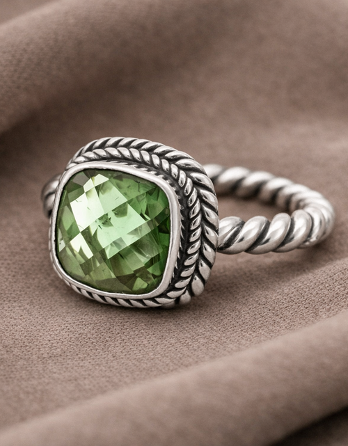 Load image into Gallery viewer, Simply Savvy Bali Artisan Sterling Silver Green Amethyst Ring – Handcrafted 925 Silver Luxury Cushion-Cut Gemstone Ring
