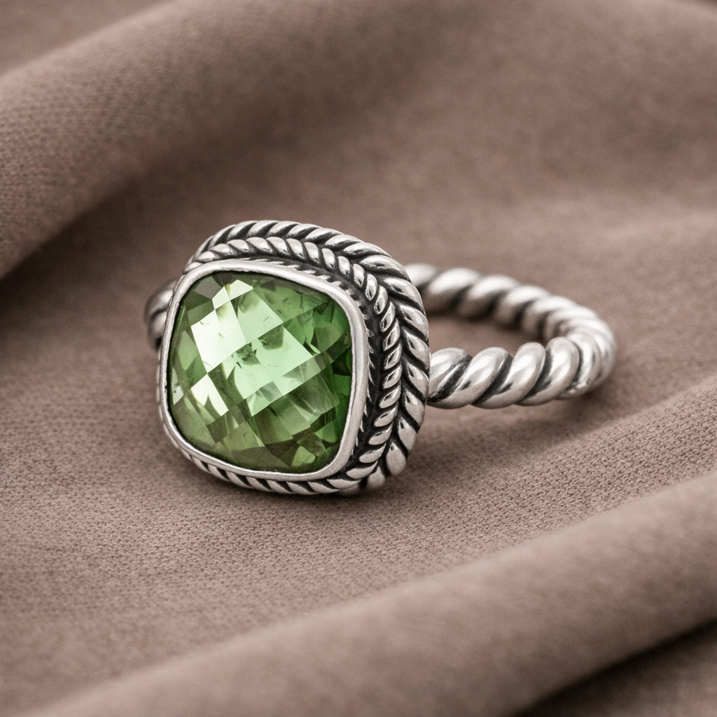 Simply Savvy Bali Artisan Sterling Silver Green Amethyst Ring – Handcrafted 925 Silver Luxury Cushion-Cut Gemstone Ring