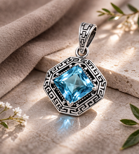 Bali Artisan Sterling Silver Azure Key Pendant – Handcrafted 925 Silver Luxury Blue Topaz Gemstone Pendant