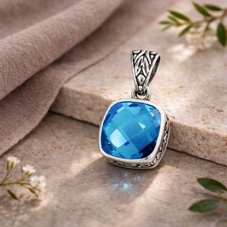 Bali Artisan Sterling Silver London Blue Topaz Pendant – Handcrafted 925 Silver Luxury Cushion Gemstone Pendant