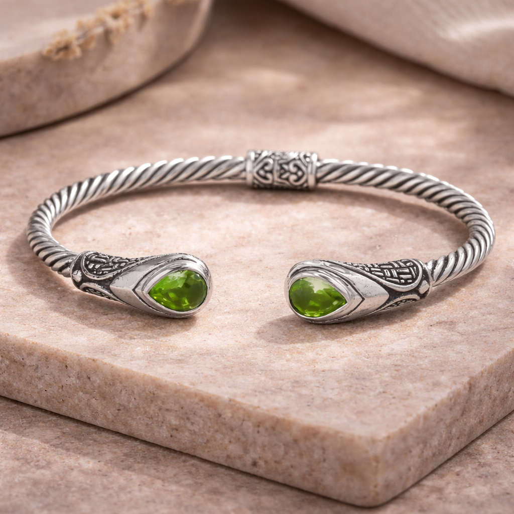 Simply Savvy Bali Handcrafted Sterling Silver Peridot Quartz Twisted Cable Bangle Bracelet