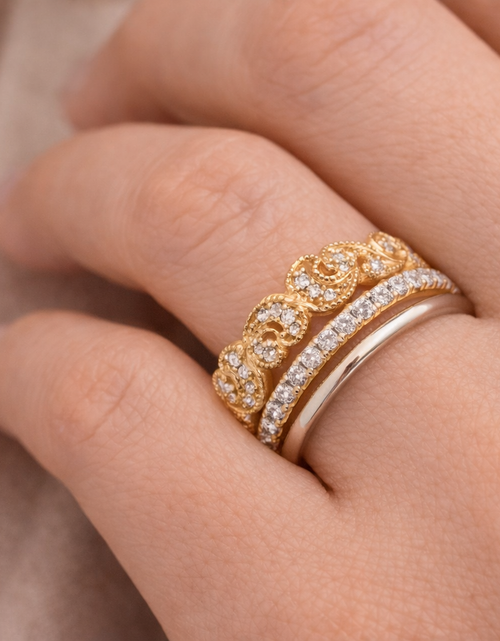 Load image into Gallery viewer, 14K Yellow Gold Diamond Crescent Stackable Band Ring – 1/10 CTW
