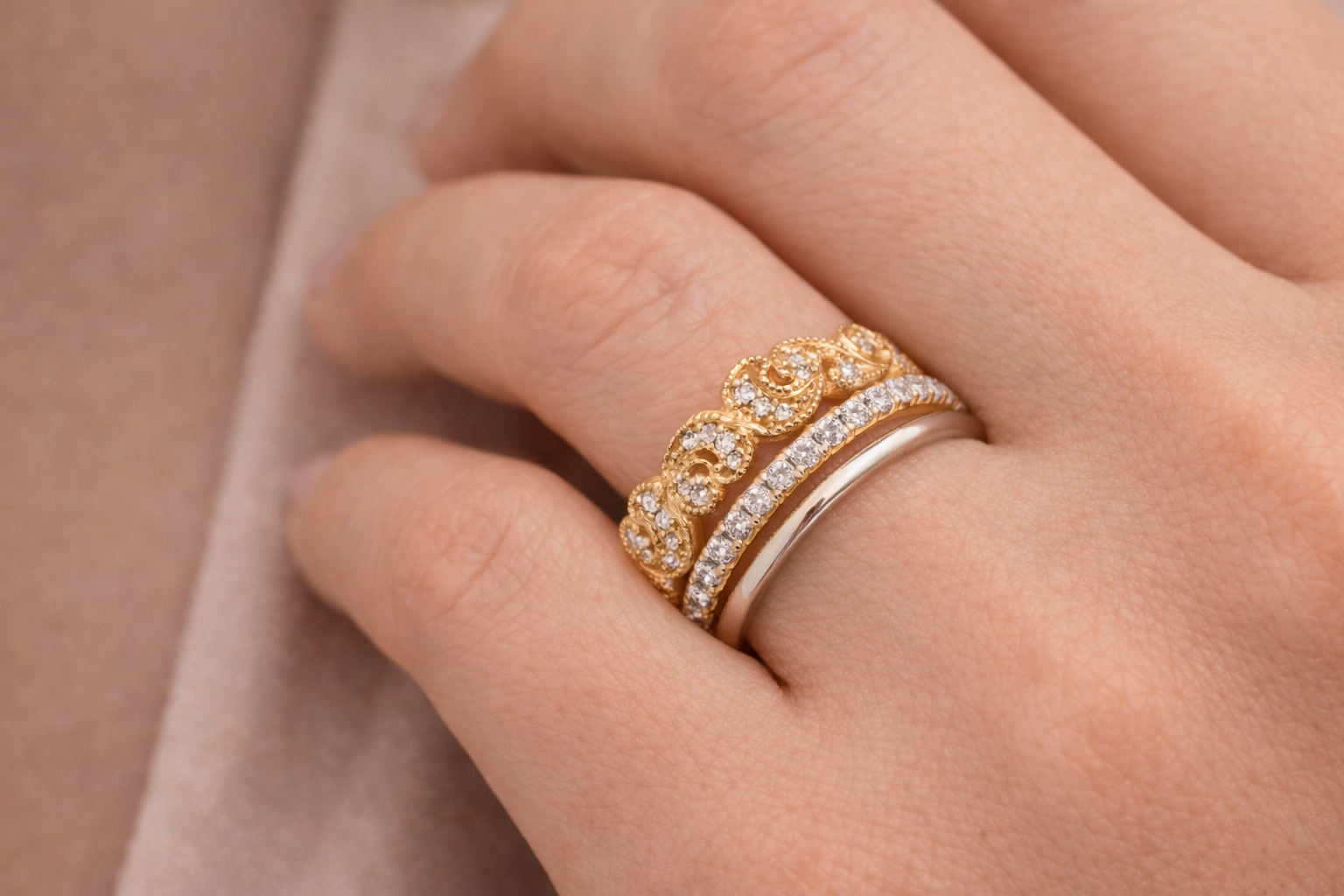 14K Yellow Gold Diamond Crescent Stackable Band Ring – 1/10 CTW