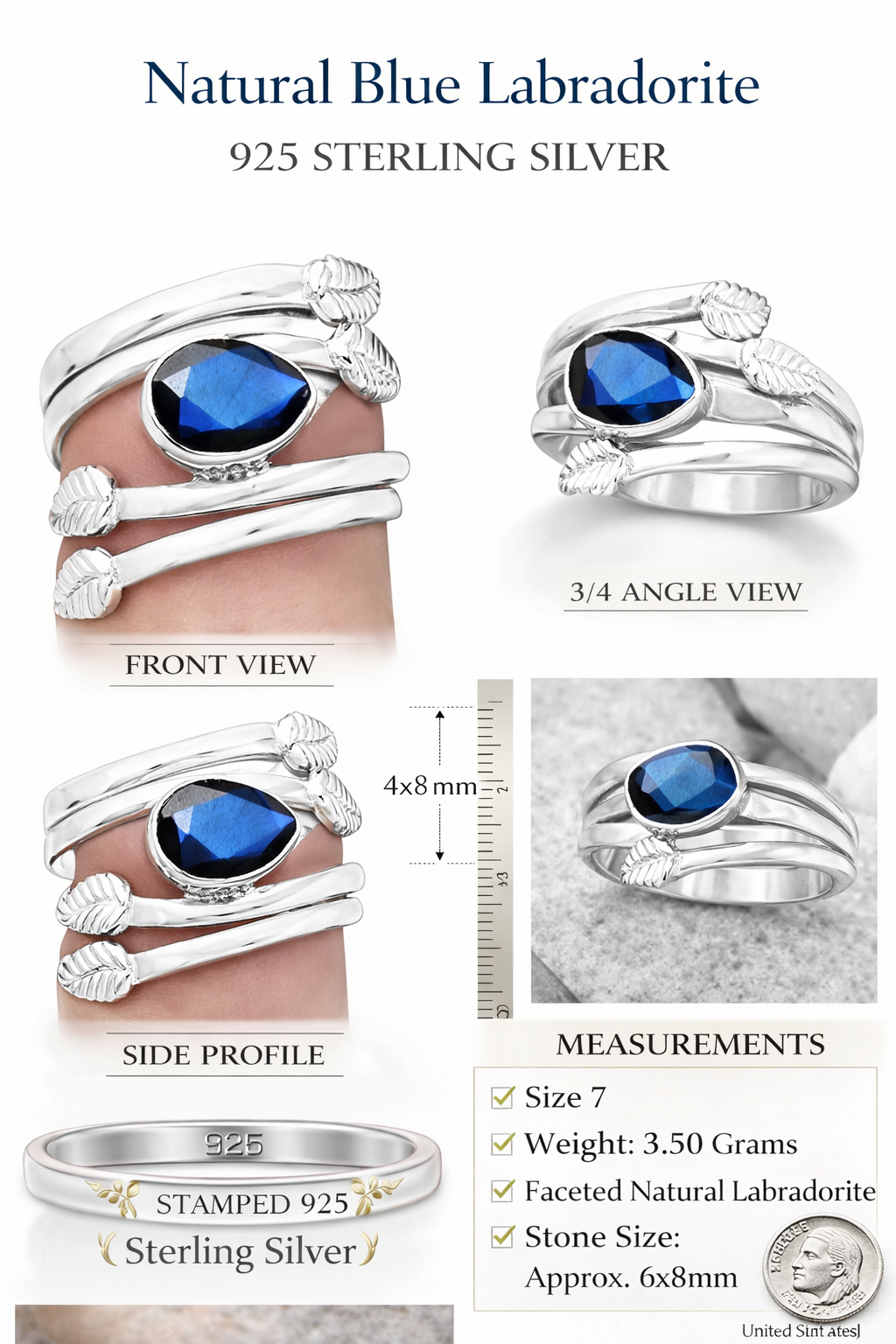 Natural Blue Labradorite Ring 925 Sterling Silver Wrap Ring Size 7