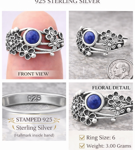 925 Sterling Silver Natural Lapis Floral Ring – Size 6 Boho Flower Statement Ring