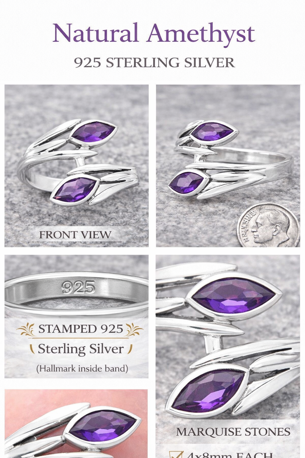 Sterling Silver Amethyst Bypass Ring Size 7 – Marquise Gemstone Wrap Ring