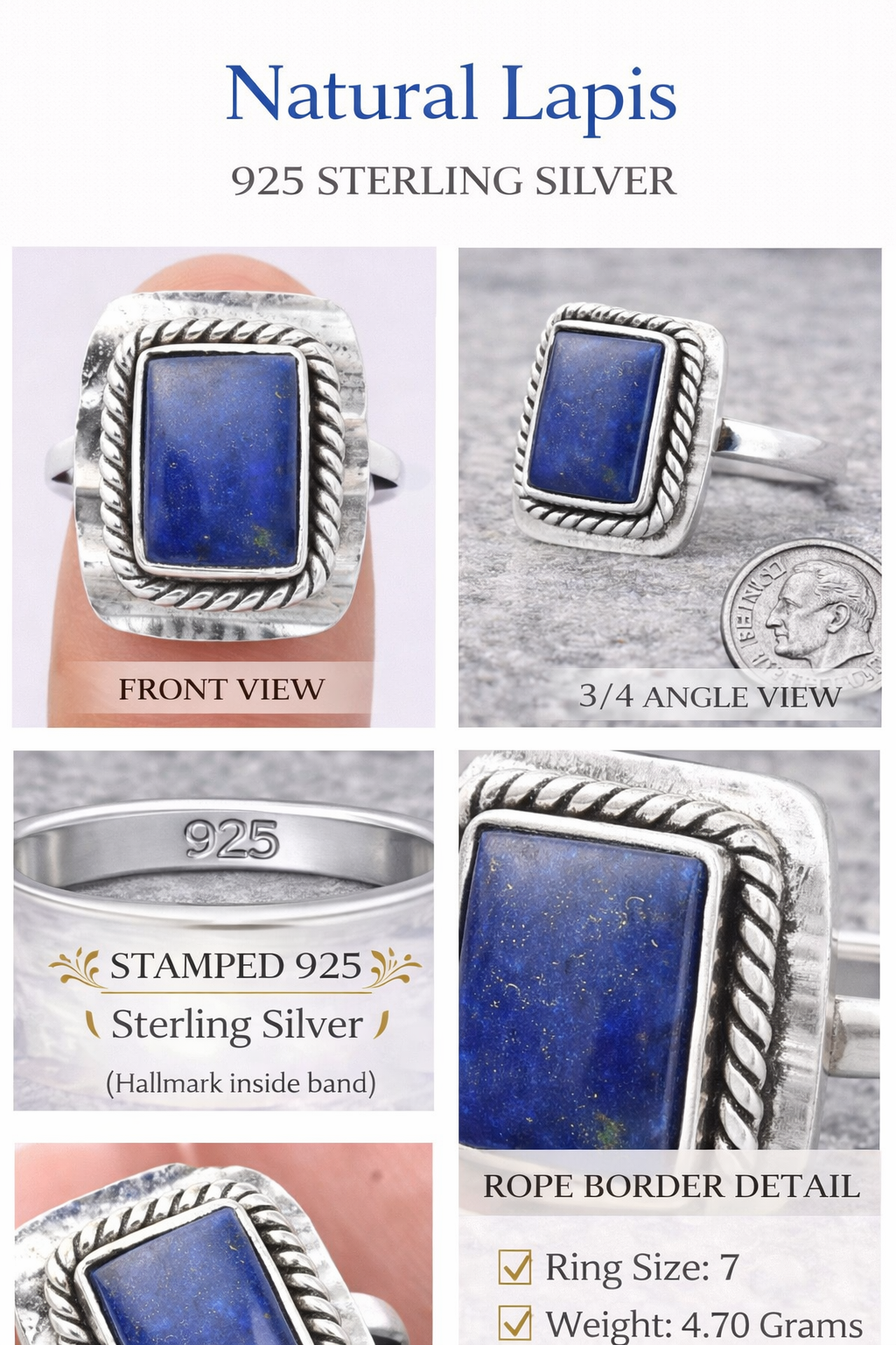 Natural Lapis Lazuli Ring 925 Sterling Silver Statement Ring Size 7 Vintage Style