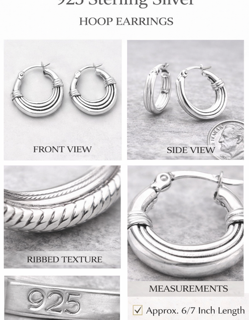 Load image into Gallery viewer, 925 Sterling Silver Textured Ribbed Hoop Earrings 6/7 Inch Classic Small Hoops
