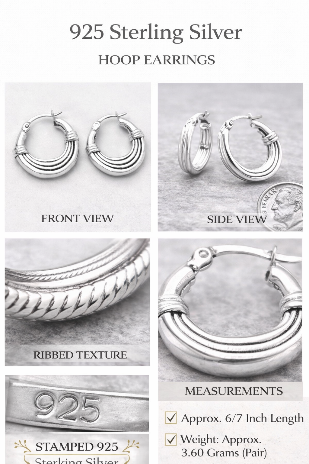 925 Sterling Silver Textured Ribbed Hoop Earrings 6/7 Inch Classic Small Hoops