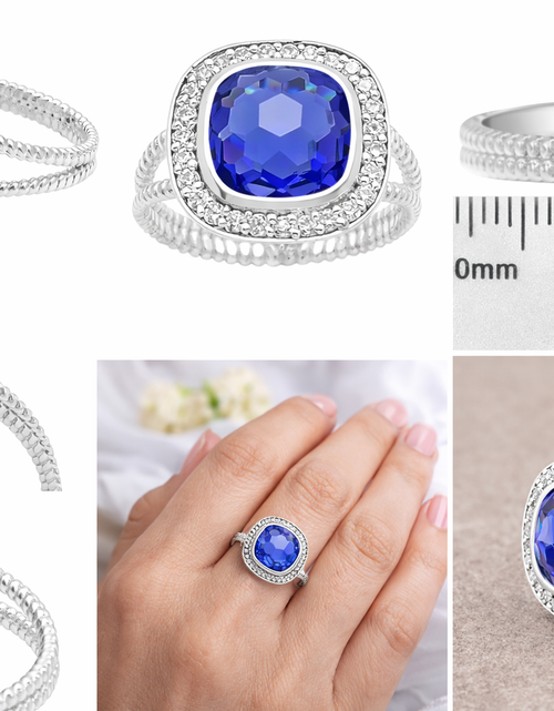 Load image into Gallery viewer, Sterling Silver Cushion Cut Simulated Tanzanite Ring CZ Halo Size 6 Statement Ring
