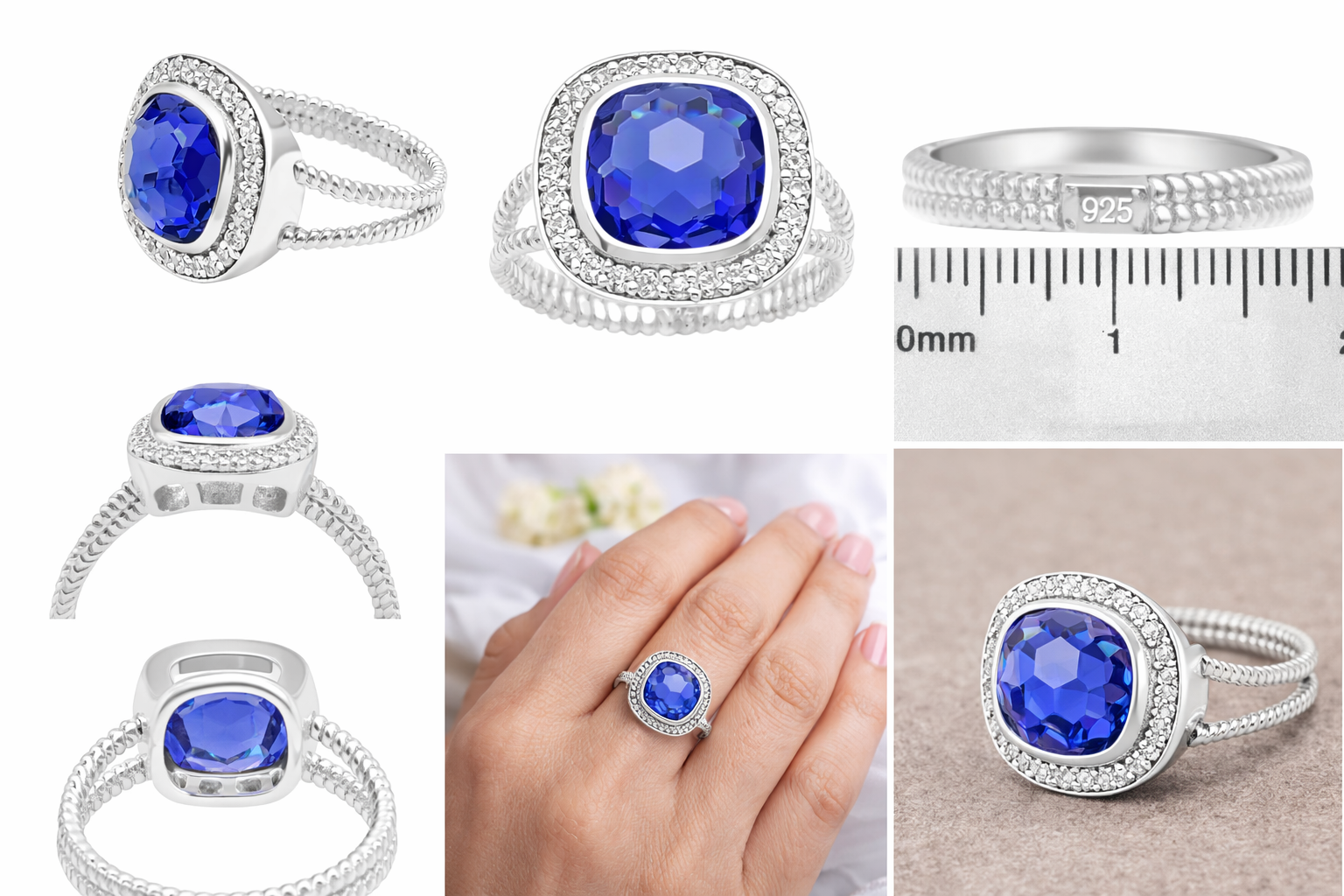 Sterling Silver Cushion Cut Simulated Tanzanite Ring CZ Halo Size 6 Statement Ring