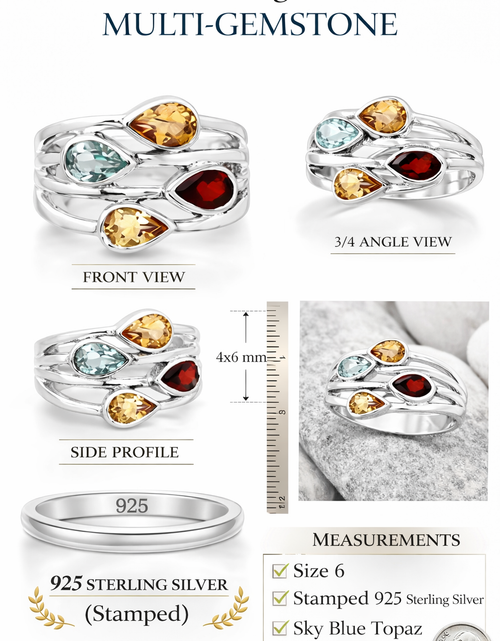 Load image into Gallery viewer, Sterling Silver Multi Gemstone Pear Shape Ring Size 6 Blue Citrine Garnet Statement
