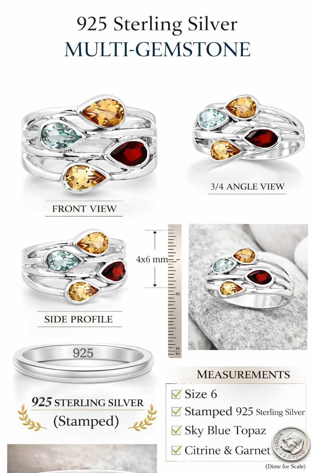 Sterling Silver Multi Gemstone Pear Shape Ring Size 6 Blue Citrine Garnet Statement