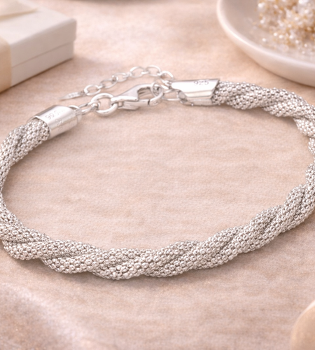 925 Sterling Silver Diamond-Cut Braided Bracelet - "Soft Shimmer Mesh Bracelet"