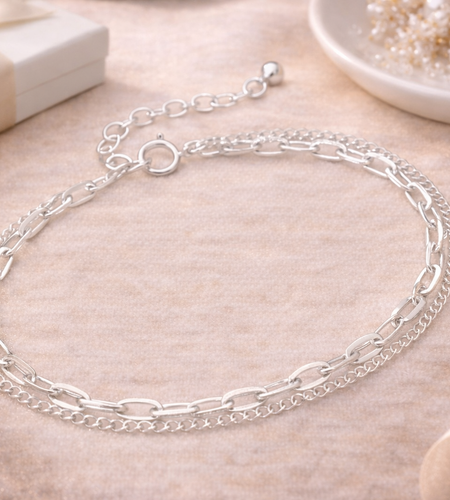 925 Sterling Silver "Layered Luxe Chain Bracelet" – Double Strand Adjustable Bracelet